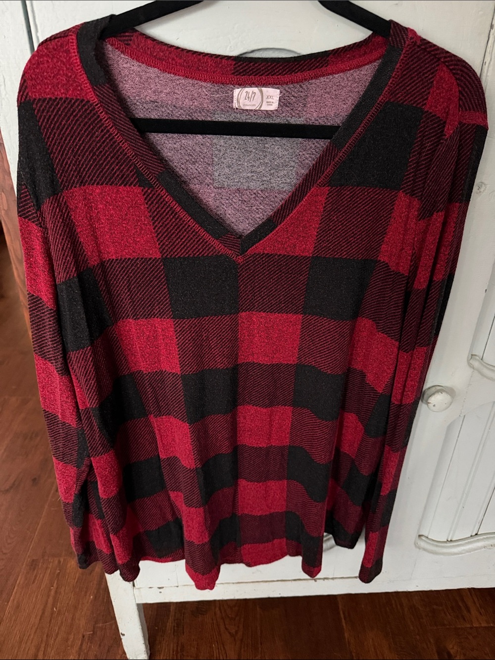 Maurices Red and Black Plaid V-Neck Top 24/7